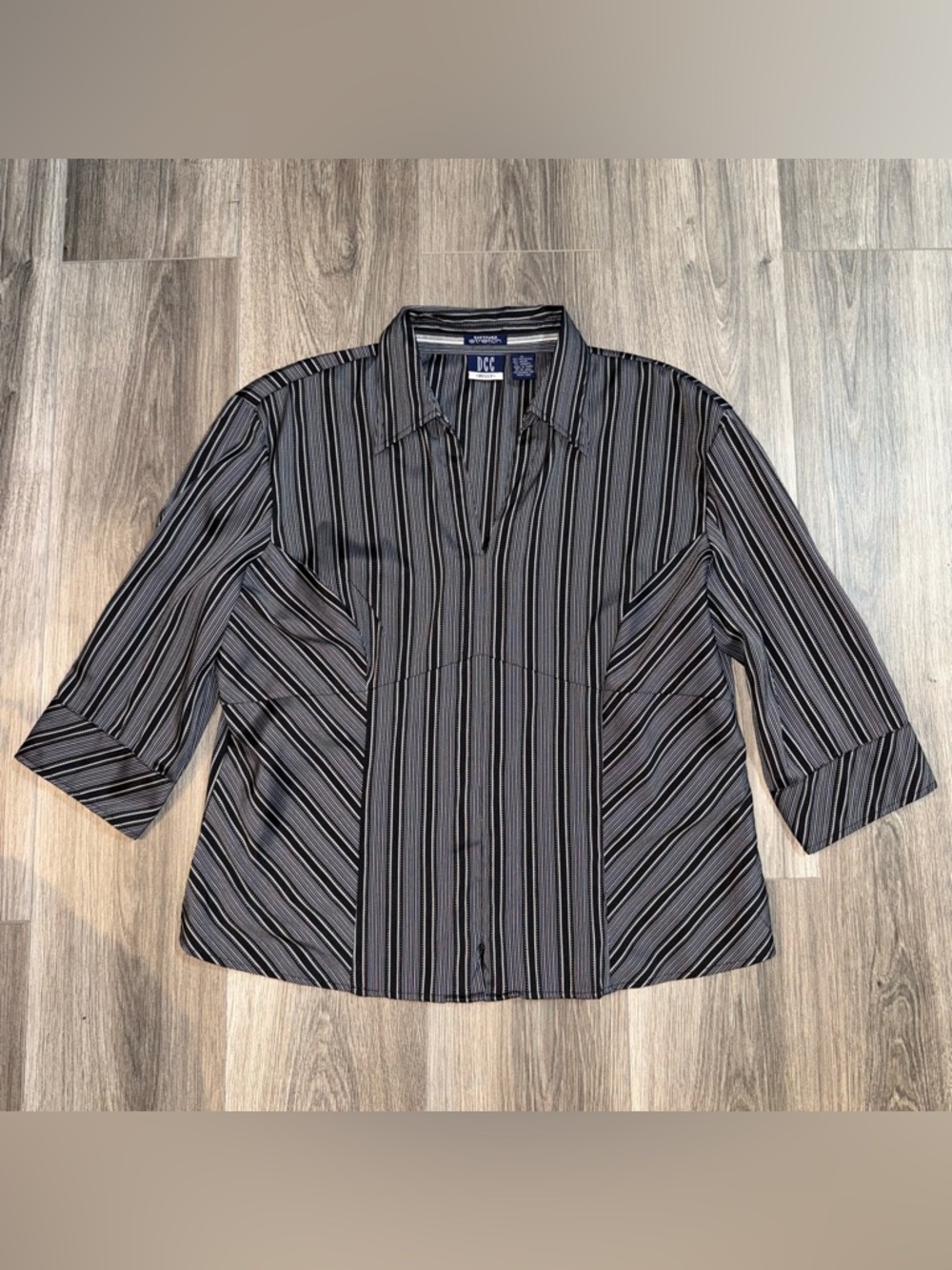 Y2K 2000s Pinstripe Double Zipper 3/4 Sleeve Top Size XL Rachel Green It Girl